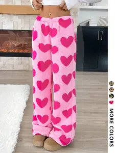 Flannel Material Fleece Lined Warm Full Print Sweatpants, Street Style Casual Fashion, Leopard Heart Camouflage Pattern, Valentine's Day