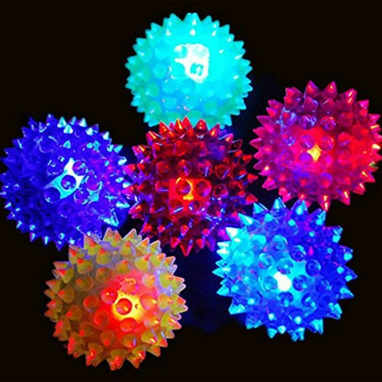 Soft Oral Friendly Spike Flashing Light Up Squeaky Bounce Balls for Pets Dog Cat Set of 6, Medium