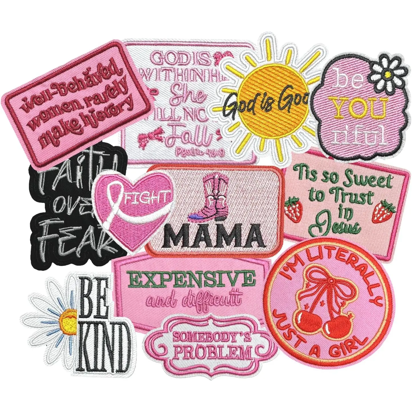 Embroidered Applique Patches, 12-Piece Pink Polyester Fabric Set with Inspirational Quotes, Iron-On for Clothes & Hats, Appliques Embellishments, Patch Kit, Sewing Accessories, Embroidery, Cute Quote Patches