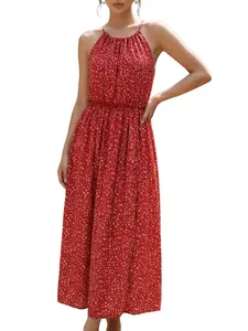 Summer Floral Halter Slit Dress, Women's Fitted Slimming Vacation Style Long Dress, Elegant Party Wear, Casual Fashion