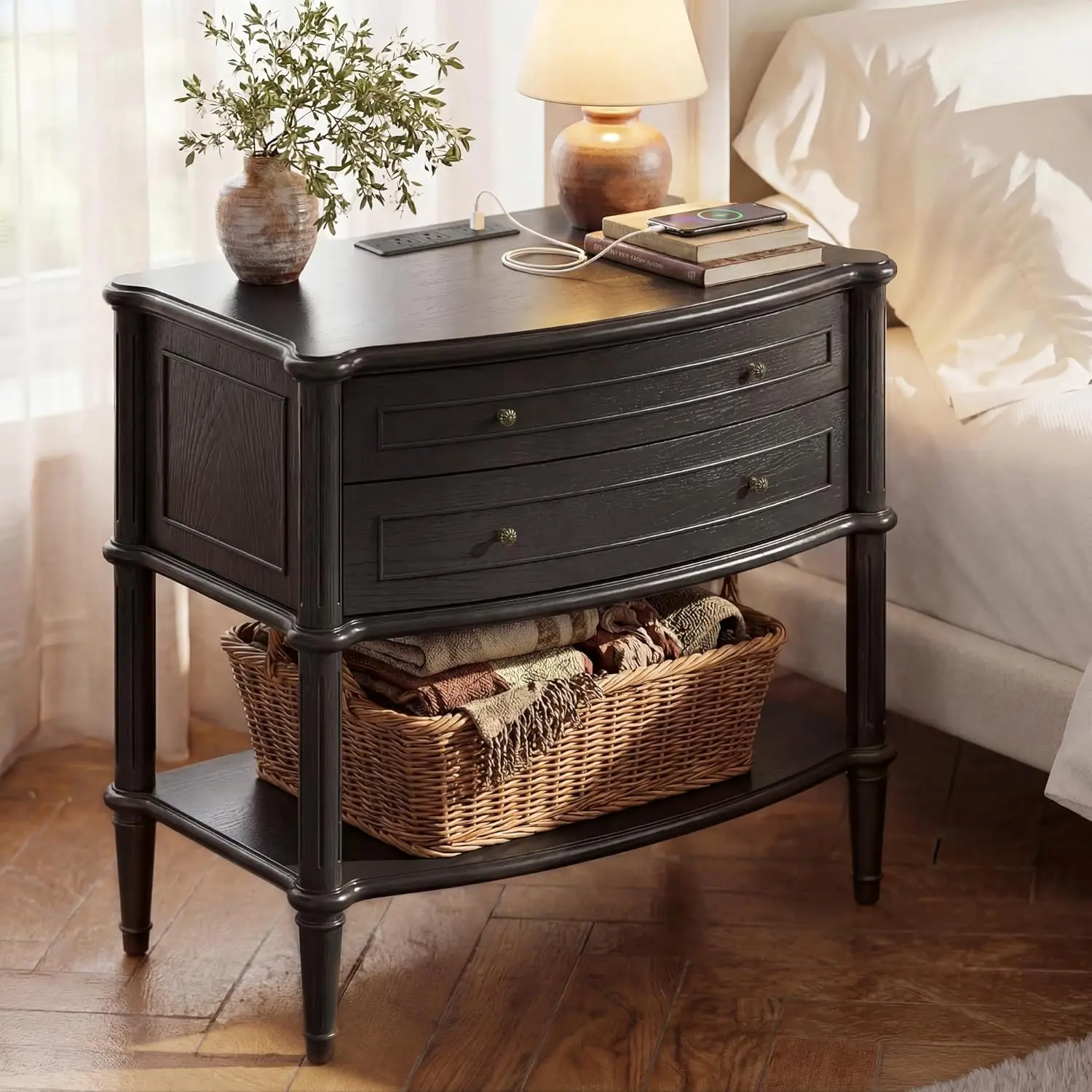 Wide Nightstand Set of 2 w/Charging Station & 2 Drawers, Pre-Assembled, Vintage Side Table w/Antique-Finished Pulls, Rustic Wood Finish, End Table w/Turned Legs for Bedroom