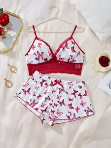 Two-piece Set Women's Butterfly Print Crop  Lace Cami Top& Elastic Waist Shorts Pyjama, Adjustable Spaghetti Strap  Sleeveless Top & Shorts Pj Set, Women's Sleepwear for All Seasons Valentine's Day, gift
