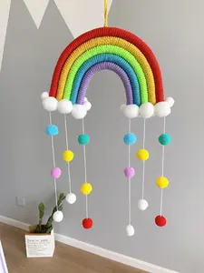 Hand-Woven Rainbow Wall Hanging Decoration, Rainbow with Pom Pom Ball Wall Hanging Garlands for Kids Room, Baby Shower Party Supplies（Red）