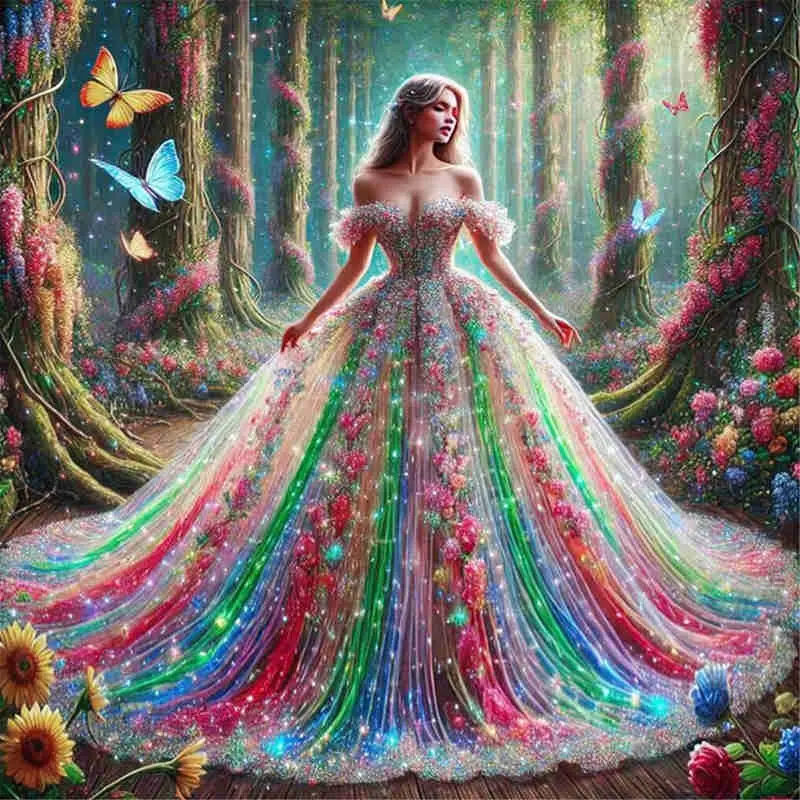 5D Diamond Painting Kit - Enchanted Forest Goddess in Rainbow Floral Gown, Full Round Drill Fantasy Mosaic Art Diamond Pattern Design, DIY Rhinestone Embroidery Handicraft for Bedroom Decor