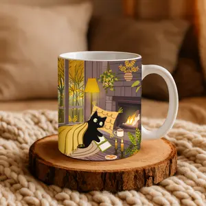 Cozy Black Cat Reading Mug | Fireplace Cottage Aesthetic Coffee Cup | Cat Lover Gift | Cute Cat Art | Warm Fall Cozy Mug