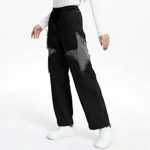 Women's Cozy Star Patch Jeans Girl's Warm Wide Leg Denim for Fall & Winter