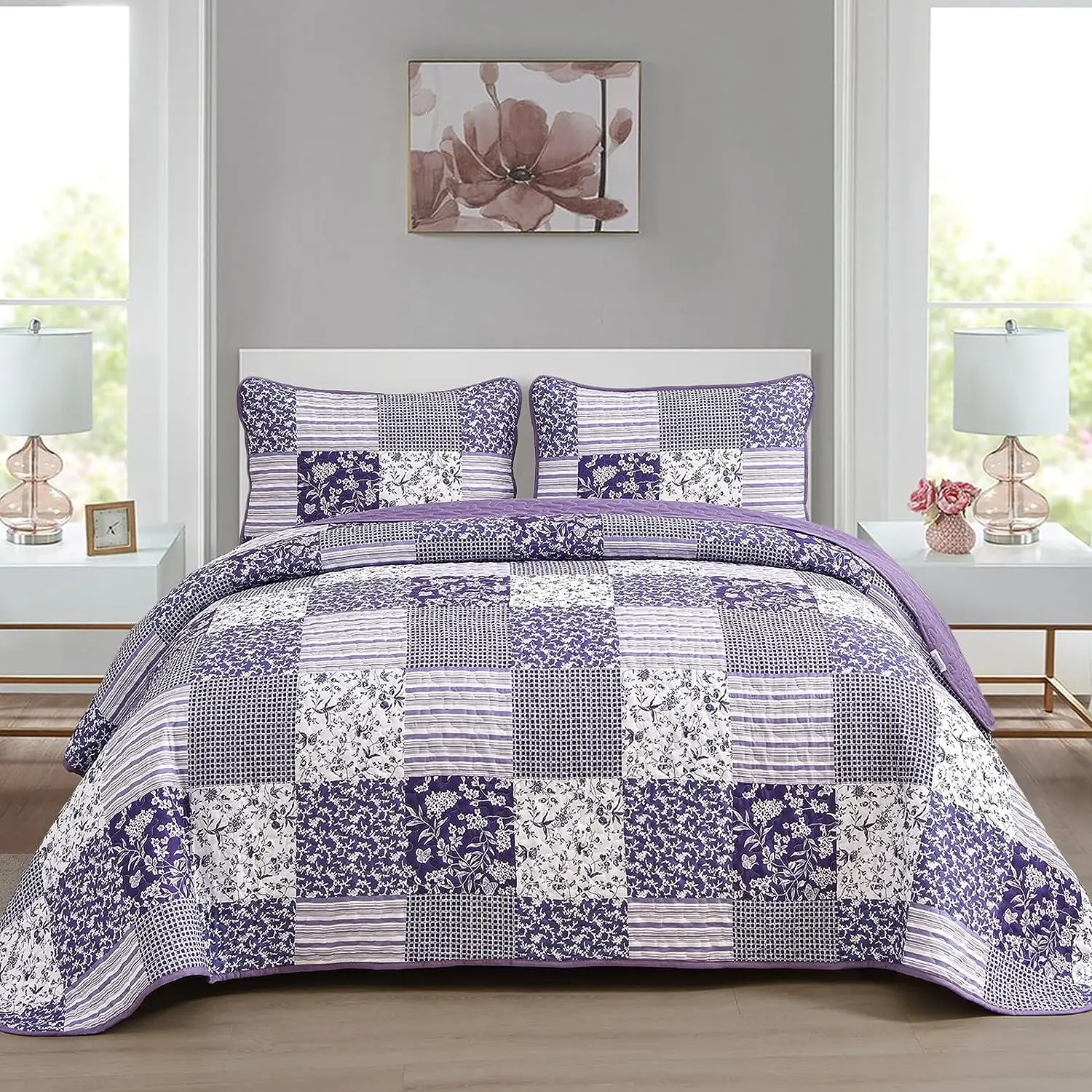WONGS BEDDING Purple Quilt Set Queen Size,3 Pieces Boho Floral Plaid Bedspread Coverlet Set for All Season,Patchwork Reversible Bedding Set Queen 90"x96" soft plaid