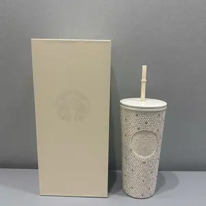 Starbucks Thailand Bling White & Gold Rhinestones Cold Cup 16 Oz.