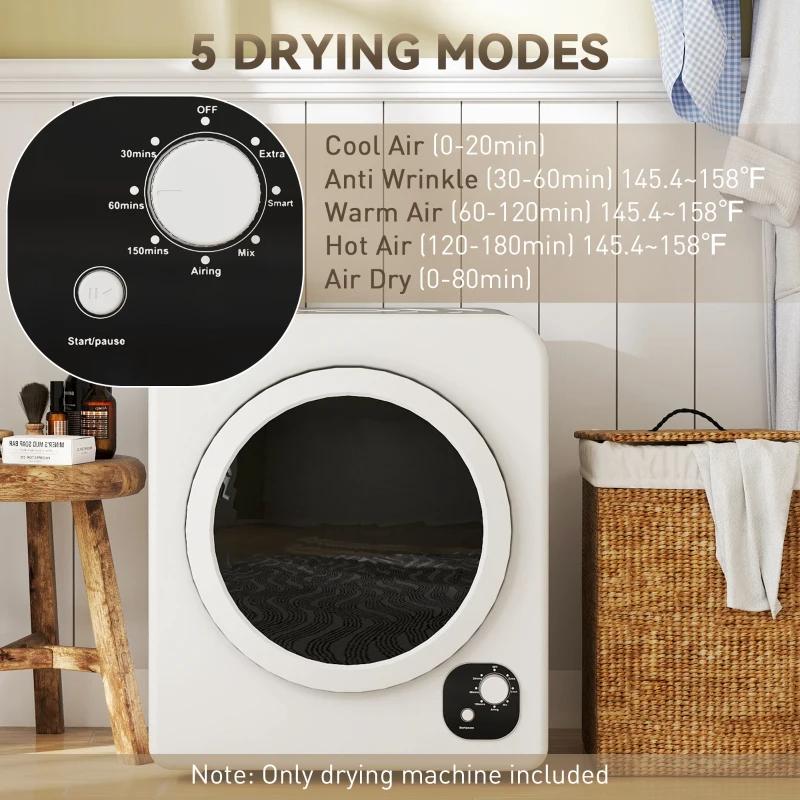 HOMCOM 120V Portable Clothes Dryer 1300W Compact Laundry Tumble Dryer Machine 3.3 Cu. Ft Stainless Steel Tub White Small Clothes Drying Machine with 4 Programs & Quiet Operation