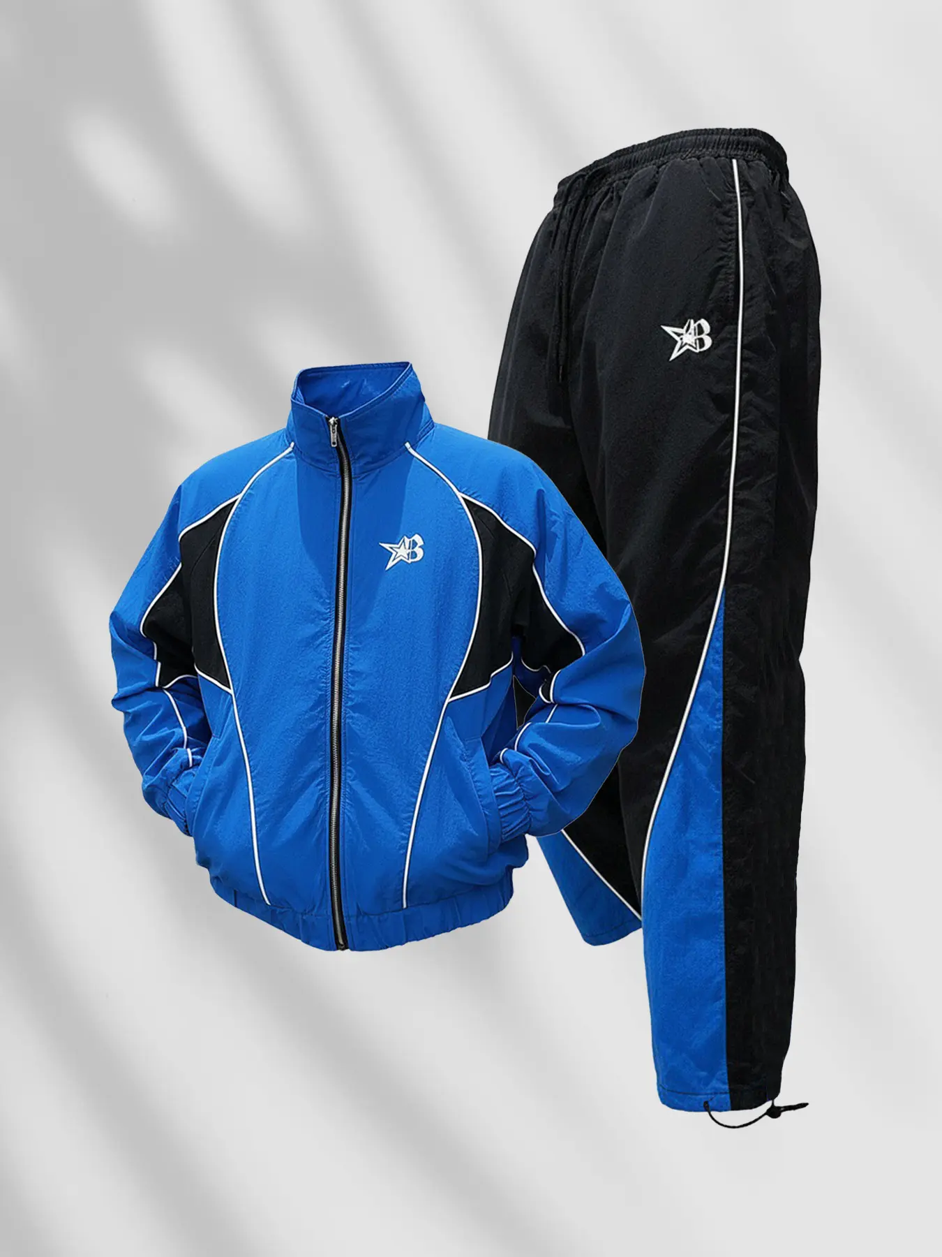 【Y2K Must-Have Set】 Blue-Black Color Block Nylon Tracksuit Oversized Loose Stand Collar Jacket Wide-Leg Pants. American Retro Cyberpunk Windproof High Street Brand Unisex Couple Outfit! Star Logo #Tracksuit #Y2Kfashion #RetroOutfit Showstopper Essential!