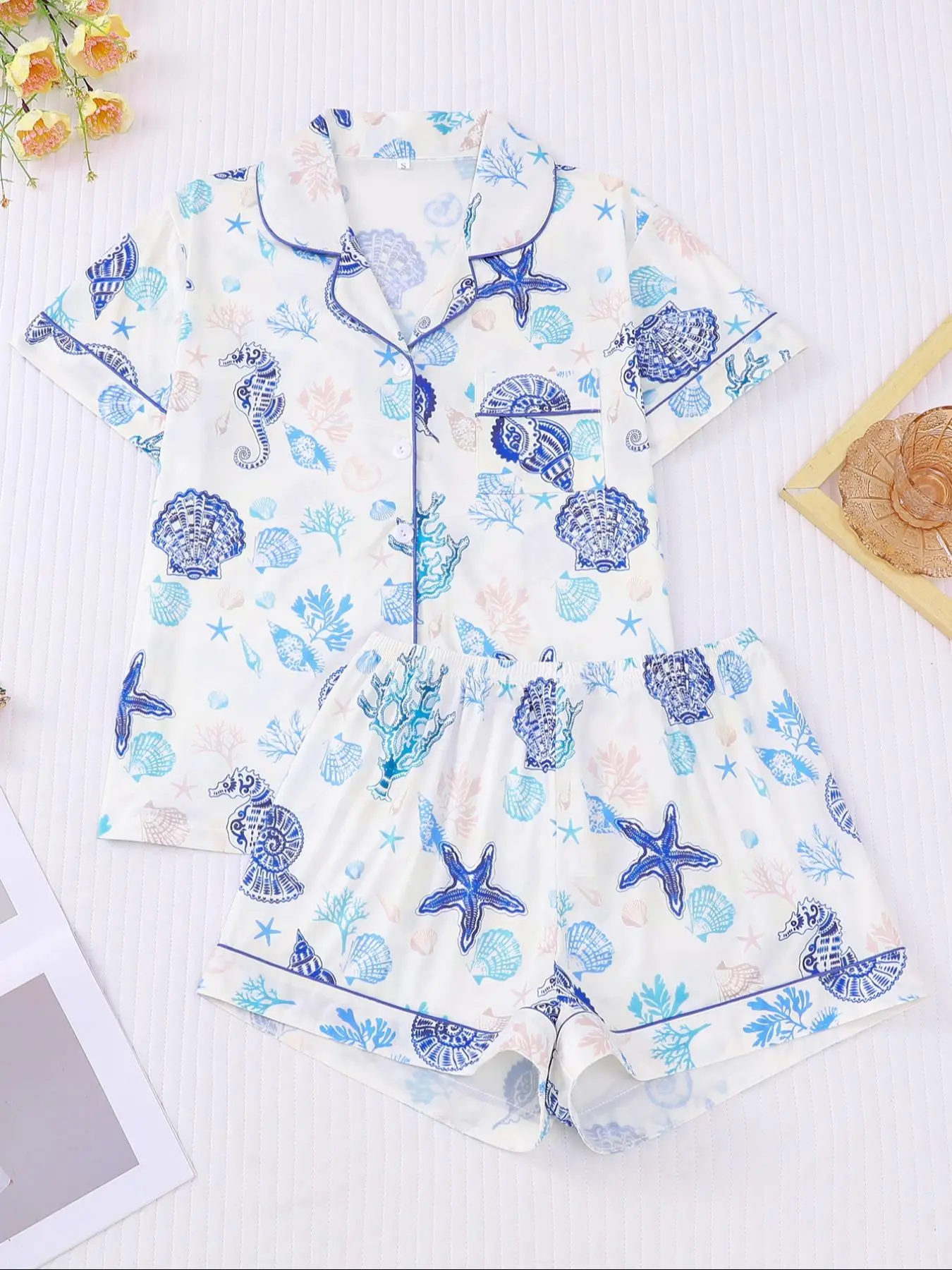 Women's Turtle Print Pajama Set, Pajamas Sleepwear, Pjs, Casual Homewear and Loungewear, Fitted Summer Sleepwear for Outdoor & Indoor Use Womenswear