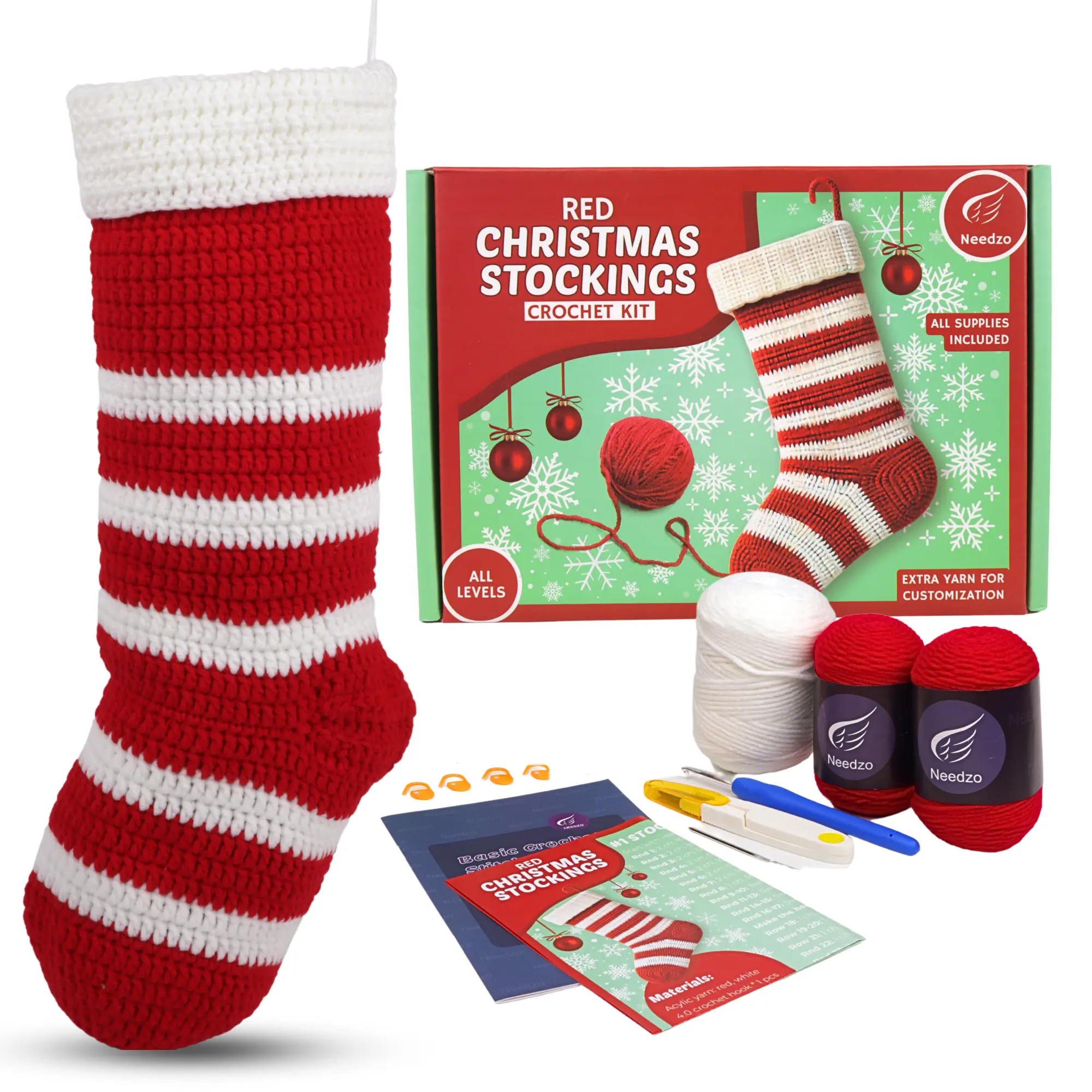 Red Christmas Stocking Crochet Kit, DIY Amigurumi Craft Knitting Starter Set, Step-by-Step Video Tutorials and Printed Instructions, Extra Yarn for Name