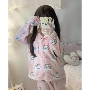 Cartoon Chiikawa Pajamas Girls Winter Coral Velvet Plus Velvet Thickened and Warm Usagi Hachiware Cute Pajamas Home Clothes Set