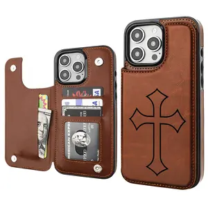 CROSS Cruciform Aesthetic Pattern Casing For iphone 16 15 14 13 12 PRO PLUS MAX PU Black Leather Card Bag Holder Gift Shockproof Protection Anti-Drop Protective Protector Cross Jesus Bless PRAYER Phone Cases Shell Cover