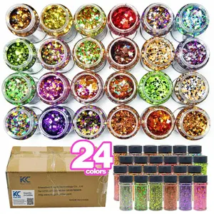 Holographic Chunky Glitter 24 Color Multi-Surface Cosmetic Glitter for Nails, Face, Body, Hair, Lip Makeup,Bulk Craft Glitter for Resin, Painting,Tumblers, Epoxy, Art Each 2oz