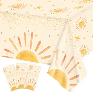3Pcs Boho Sun Birthday Party Tablecloths First Trip Around The Sun Party Decorations Disposable Plastic Table Covers Boho Baby Shower Supplies, 54 x 108 Inches
