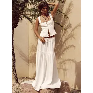 Tearose Linen Blend Maxi Skirt White