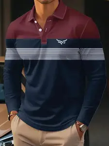 Men's fashionable burgundy navy blue contrasting striped long-sleeved Polo shirt, simple design to create a casual image of a man, adult casual wear in all seasons, high-quality fabric texture, suitable for gift-giving tourism