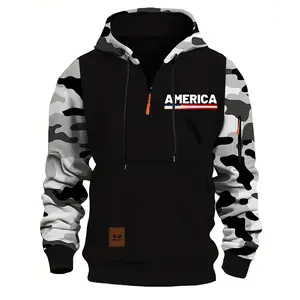 Stitching Hooded Men's America Printed Camouflage Pullover Hoodie Loose Fit with Slit Pocket in Red Army Green Blue Gray - Casual