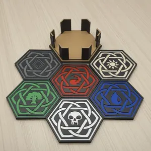 MTG Coaster Set of 6 with Holder - Magic the Gathering Inspired Mana Symbols Drink Coasters - Celtic Knot Wood Decor - Gift for Gamers