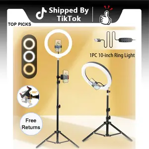 10"Ring Lights with Stand, Video Light Tripod for Phone, With 43.3"Tripod/2 Phone Clips/1 USB Ports, 2600K-6500K Color Temperature, for Makeup TikTok Video Recording Vlog