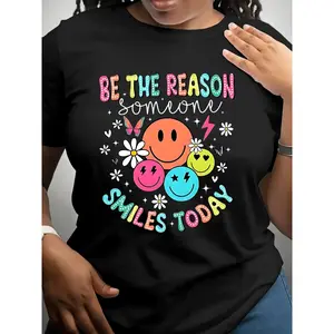 Positive Energy Graphic Tee for Women - "Become Someone's Smile Today" with Joyful Face & Floral Design, Casual Crewneck Top for Spring, Summer & Fall (Machine Washable, Comfortable)