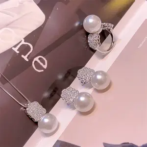 Adjustable opening ring Elegant Australian White Pearl Set Ring Stud Earrings Necklace Luxury Light Luxury Set