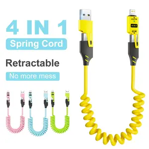 Four in one 65 watt fast charging cable, retractable spring design, ultra fast power transmission, data synchronization, multi port compatible with iPhone, iPad, Samsung, Xiaomi, Huawei, etc OPPO