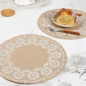 Vintage Floral Woven Jute Placemats, Rustic Round Insulated Non-Slip Table Mats, Set of 4, Farmhouse Style Dining Accessories