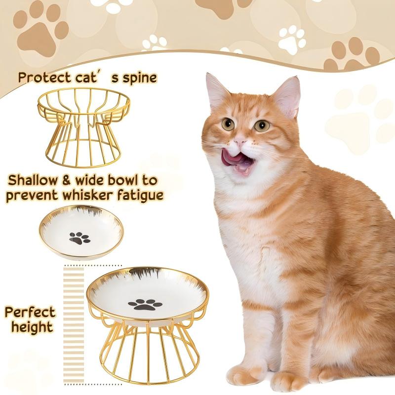 Elevated Cat Bowl with Iron Stand – Ceramic Water & Food Feeding Station for Cats and Small Dogs (Silver/Gold)