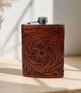 Leather Hip Flask Western Tooled Genuine Leather wrapped flask leather gift for her him anniversary leather gift