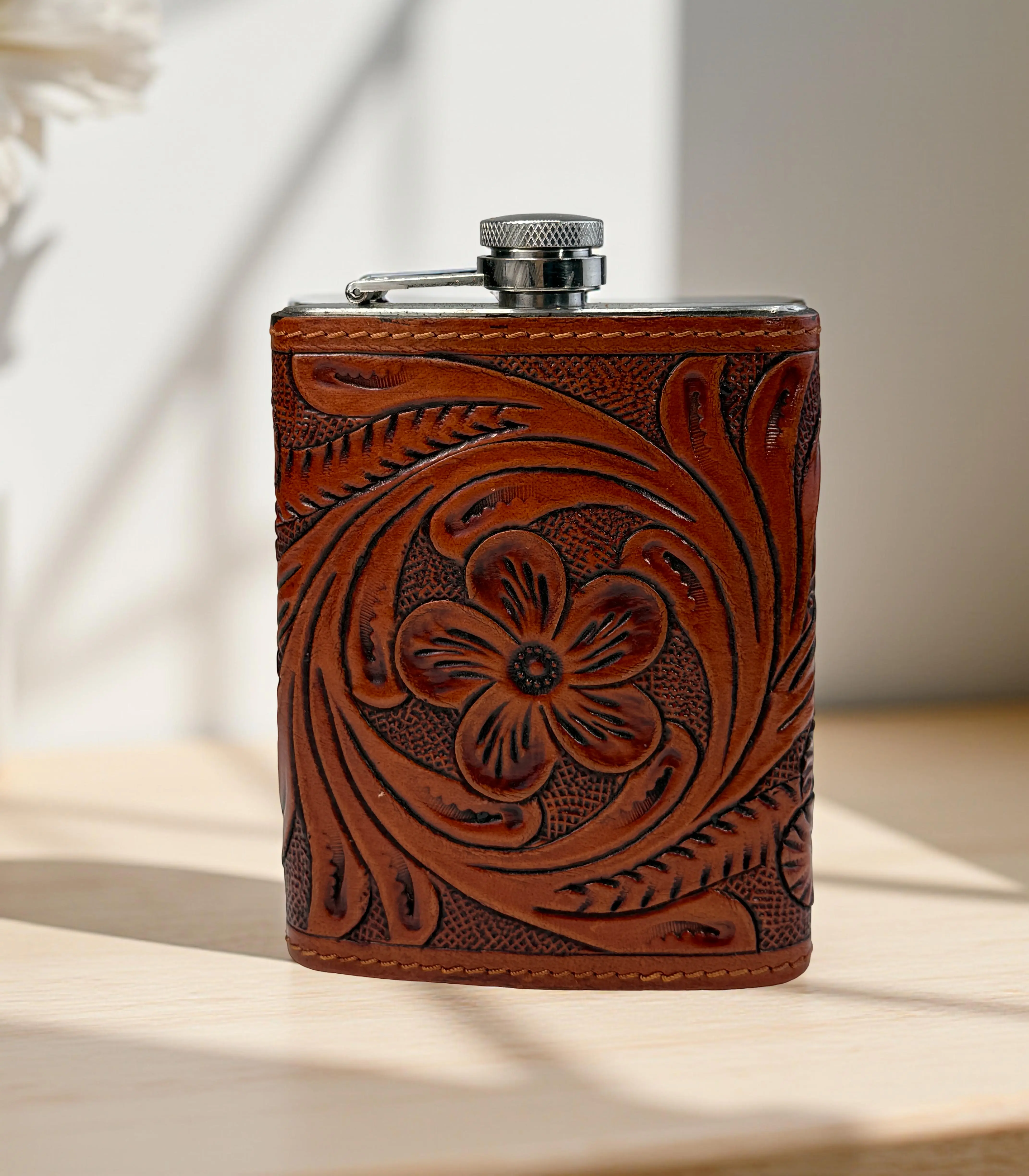 Leather Hip Flask Western Tooled Genuine Leather wrapped flask leather gift for her him anniversary leather gift