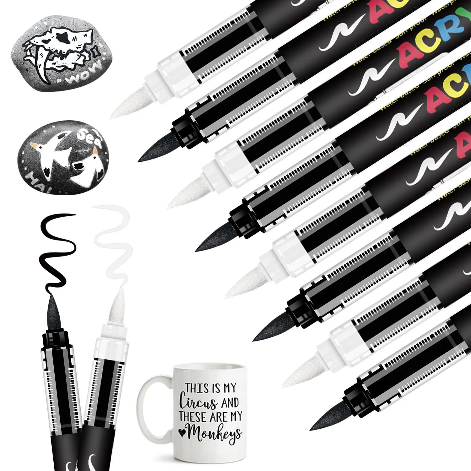FLlysea 8pcs Black and White Acrylic Paint Markers Set, Large Ink Capacity, Acrylic Markers for Wood, Glass, Canvas, Rock Painting, Professional Art Supplies Kit, Artist Drawing Pen, Coloring Markers