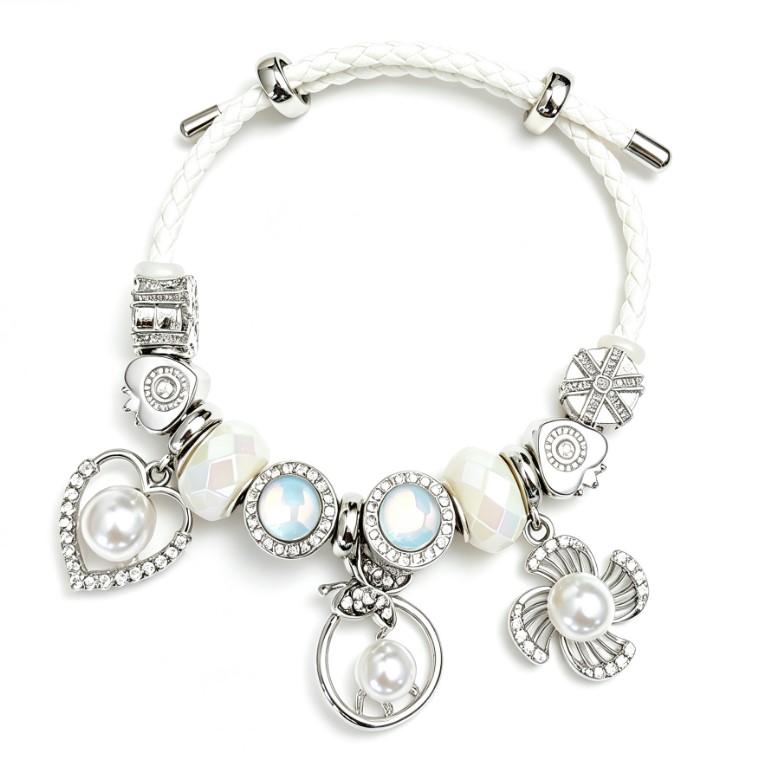 White Braided Adjustable Charm Bracelet Pearl Heart Crystal Beads Stackable Wrist Jewelry Gift For Women Daily Wear