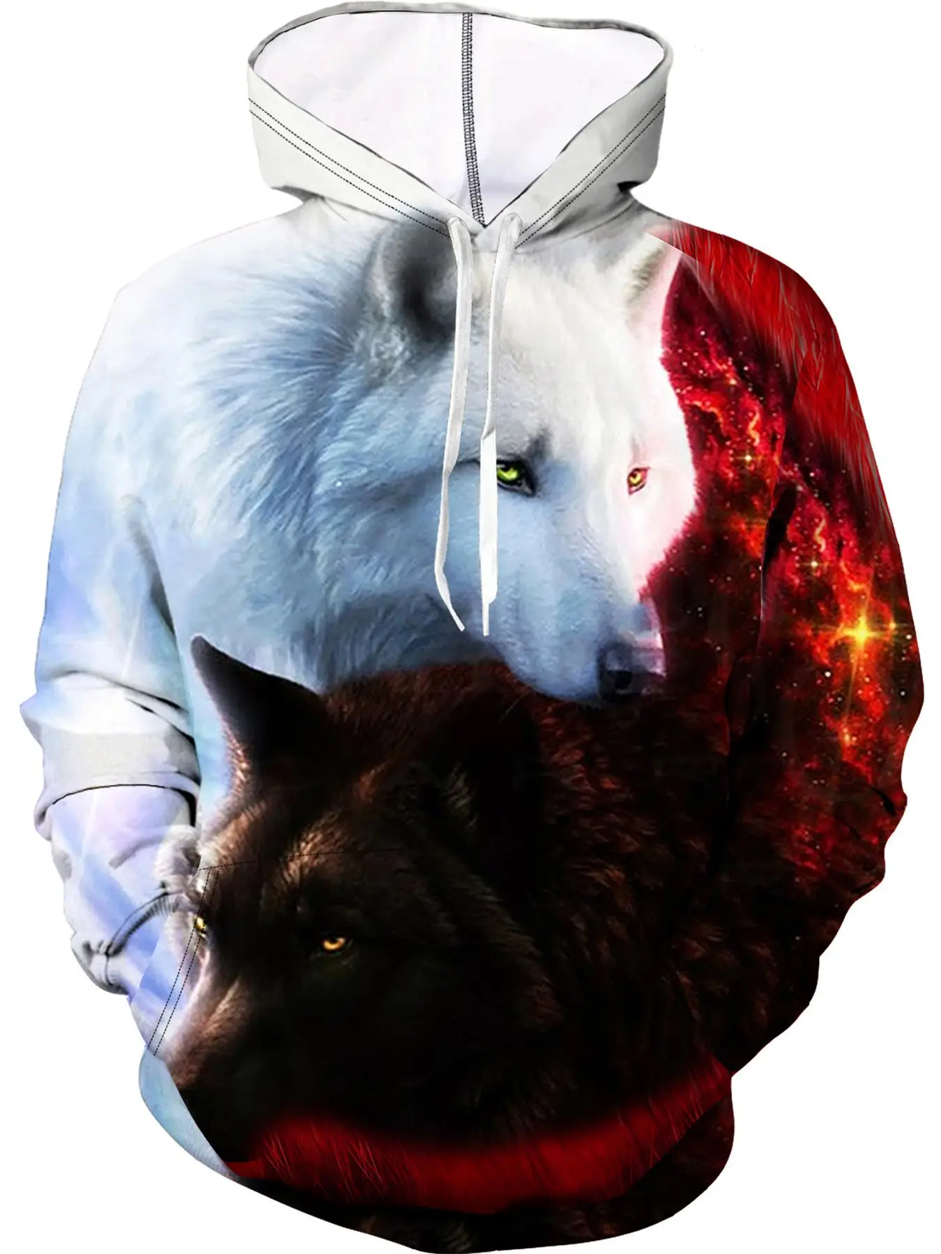 Essentials Hoodie Unisex Men's Wolf Print Drawstring Hoodie, Regular Fit Casual Long Sleeves Pocket Hooded Sweatshirt for Spring & Fall, Men's Top