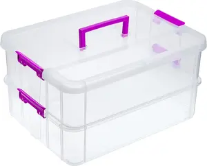 2-Tiers Stack Carry Storage Box With Handle, Transparent Stackable Storage Bin With Handle Lid Latching Storage Container for School & Office Supplies