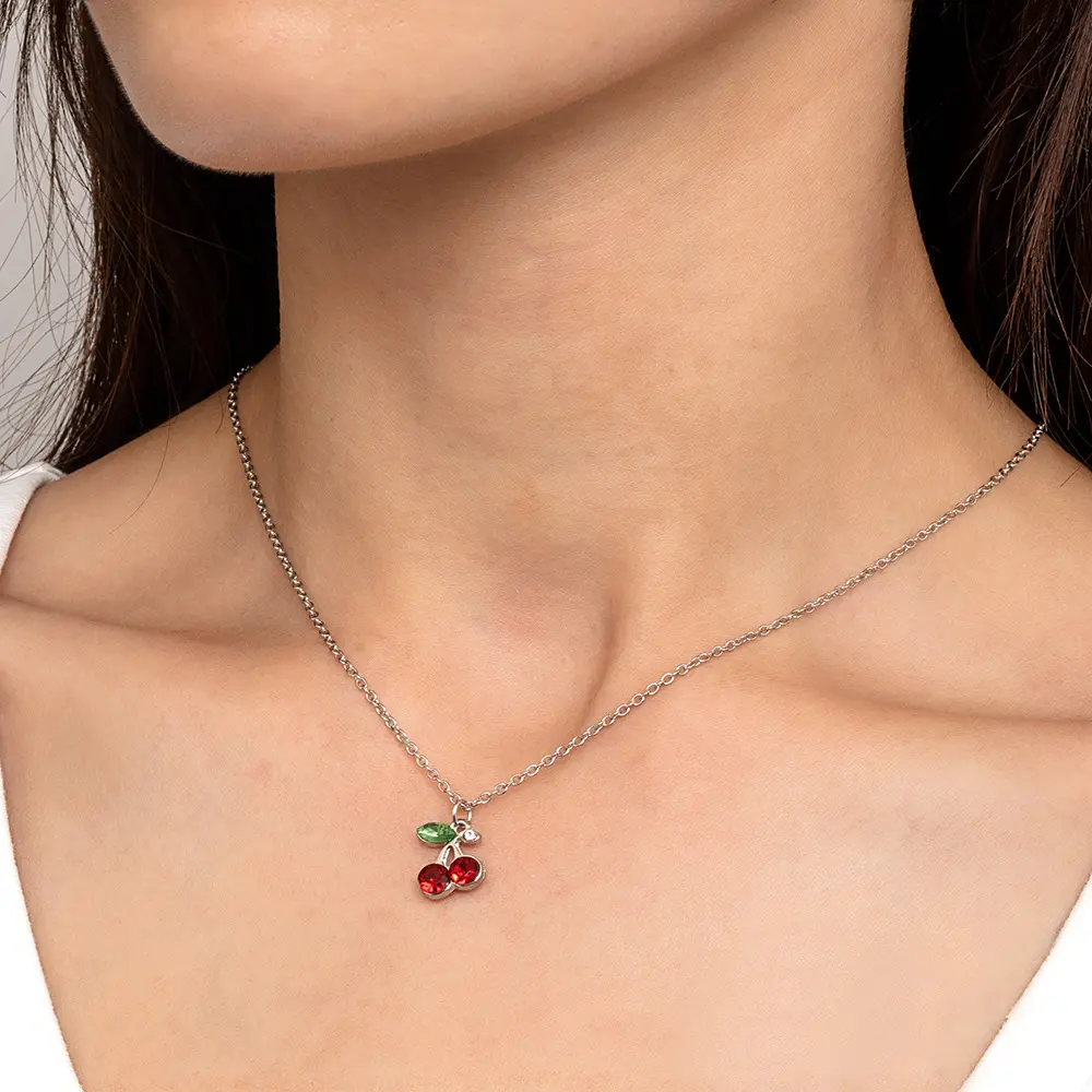 Korean-style ins jewelry, fashionable and cute red cherry necklace with rhinestones