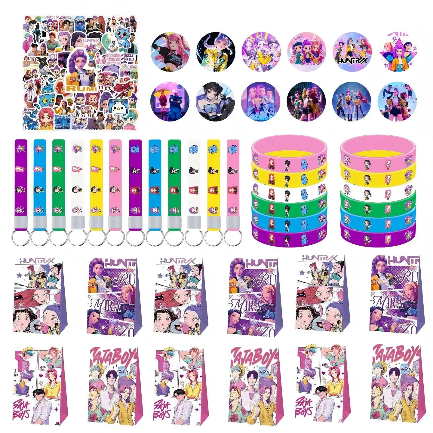 Cartoon girl group series children's party gift and decoration five-piece set, Party Favor Packs, Gift Package, Birthday Party Favors, including 12 bracelets, 12 keychains, 12 gift bags, 50 refrigerator stickers, and 12 badges