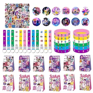Cartoon girl group series children's party fun gift and decoration five-piece set, Party Favor Packs, including 12 bracelets, 12 keychains, 12 gift bags, 50 refrigerator stickers, and 12 badges, allowing everyone to immerse themselves in the party