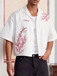 Men's Short Sleeve Blouse, Casual Street Style, Cherry Blossom Print, Loose Fit, Trendy Fashion, Outdoor Wear, Fresh and Simple Design, Shirts