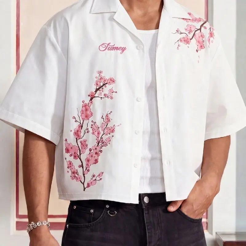 Men's Short Sleeve Blouse, Casual Street Style, Floral Cherry Blossom Print, Loose Fit, Trendy Fashion, Outdoor Wear, Fresh and Simple Design