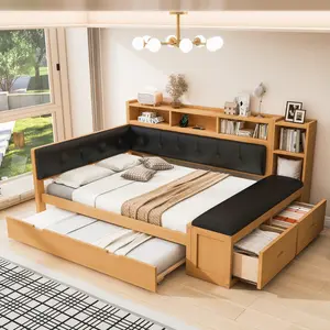 Full Size Wood Daybed with Trundle, Storage Shelves, Bench, Charging Station and Upholstered Headboard, Natural Color+Black Cushion