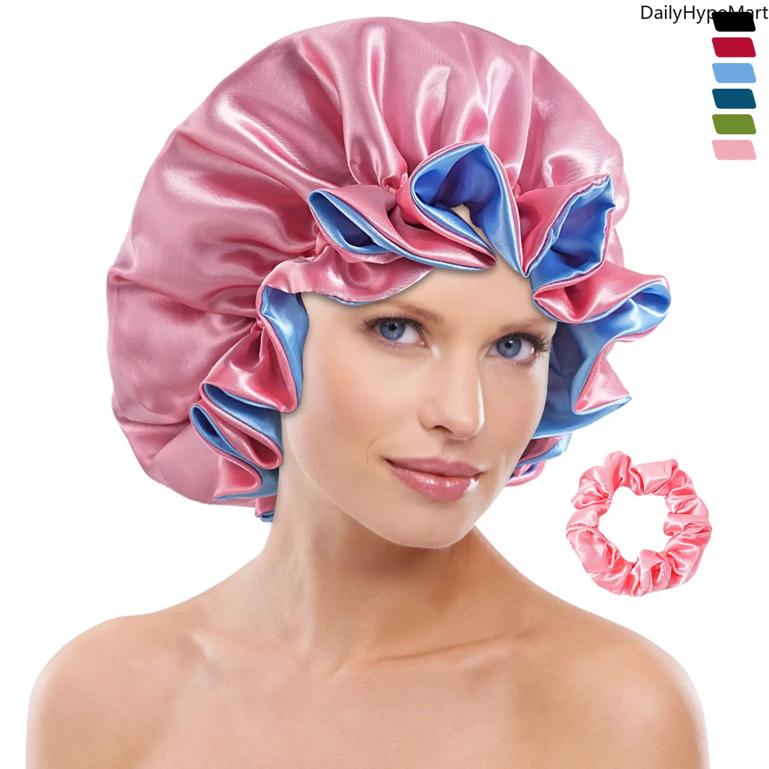 Double Layer Satin Bonnet with Lace Trim, Wide Band Sleep Cap for Hair Protection for Women and Men, Pvc, Adults, Fashion, Casual