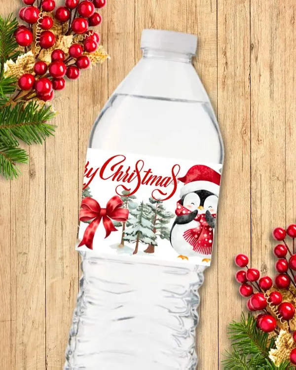 Christmas Penguins Water Bottle Labels - Rectangle Design with Baby Penguin & "Merry Christmas" Text - Waterproof Stickers for Holiday Parties - 15 Labels per Pack