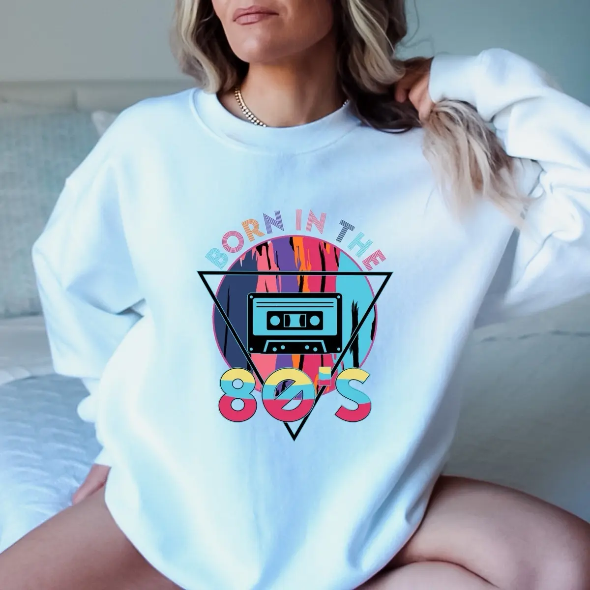 80's Baby Retro Sweatshirt - Cozy Unisex Crewneck, Vintage Design, Made from Comfortable Cotton, White, 1980's Vibes, Casual Wear - Collar