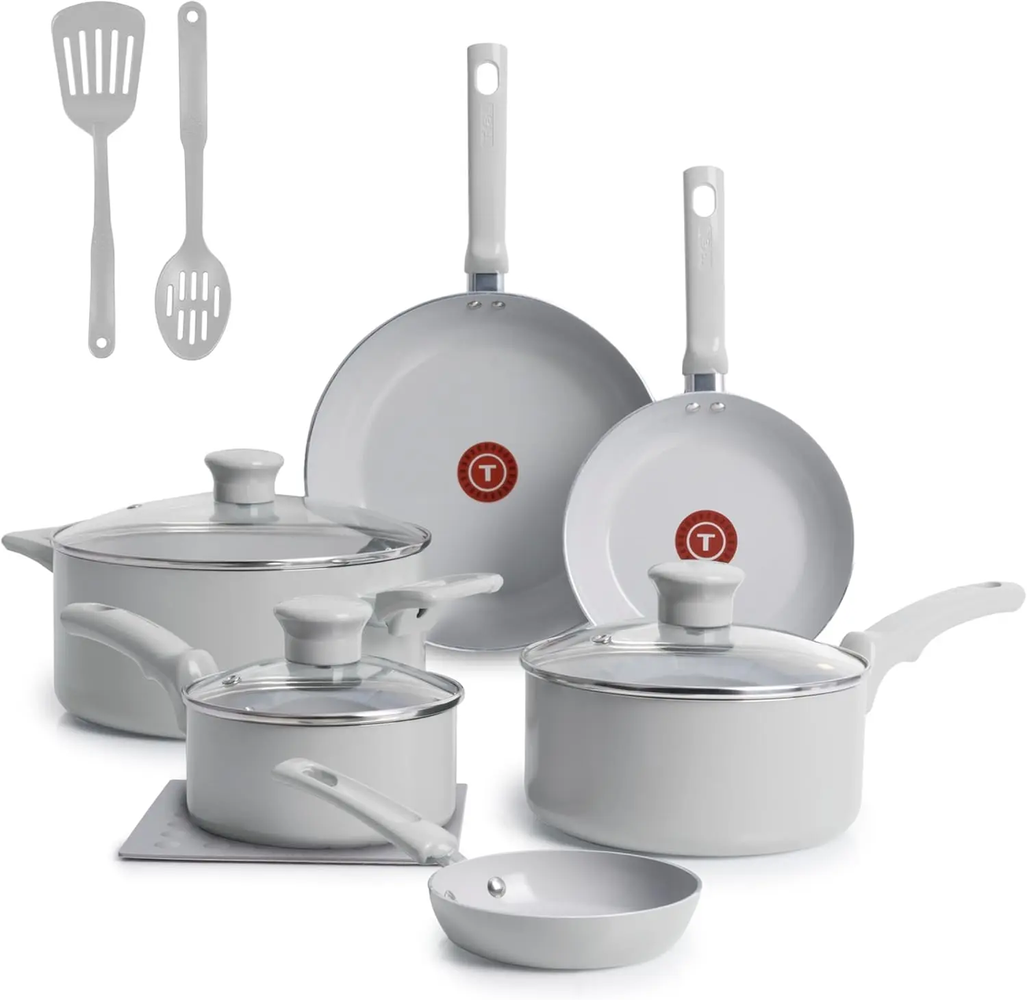 T-Fal Refresh Ceramic Nonstick Cookware Set, 12-Piece Ceramic Pots and Pans Set, Includes Stockpot, Griddle, Frying Pans, Utensils, Moon Grey