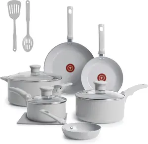 T-Fal Refresh Ceramic Nonstick Cookware Set, 12-Piece Ceramic Pots and Pans Set, Includes Stockpot, Griddle, Frying Pans, Utensils, Moon Grey
