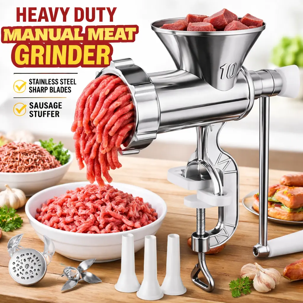 6 Pcs Heavy-Duty Aluminum Manual Meat Grinder - Hand Crank Mincer, Sausage Stuffer, Burger Press with Clamp-On Design for Home Cooking Pork & Beef Preparation
