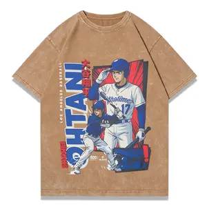 Vintage Washed Ohtani Dodgers Anime Graphic Tee | 100% Cotton Oversized Baseball Shirt | Men's Retro Streetwear Top