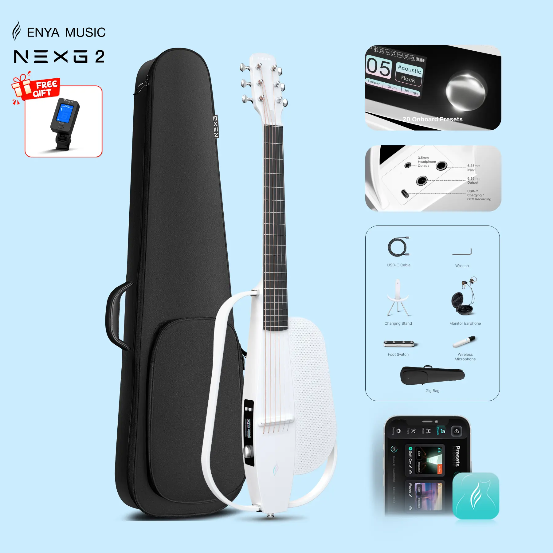 【Music, Evolved.】Enya NEXG 2/NEXG 2 Basic Acoustic-Electric Guitar Carbon Fiber Travel Smart Audio Guitar with 50W Wireless Speaker, Wireless Microphone, Hi-Fi Monitor Earphones, Footswitch, Charging Stand, and Gigbag